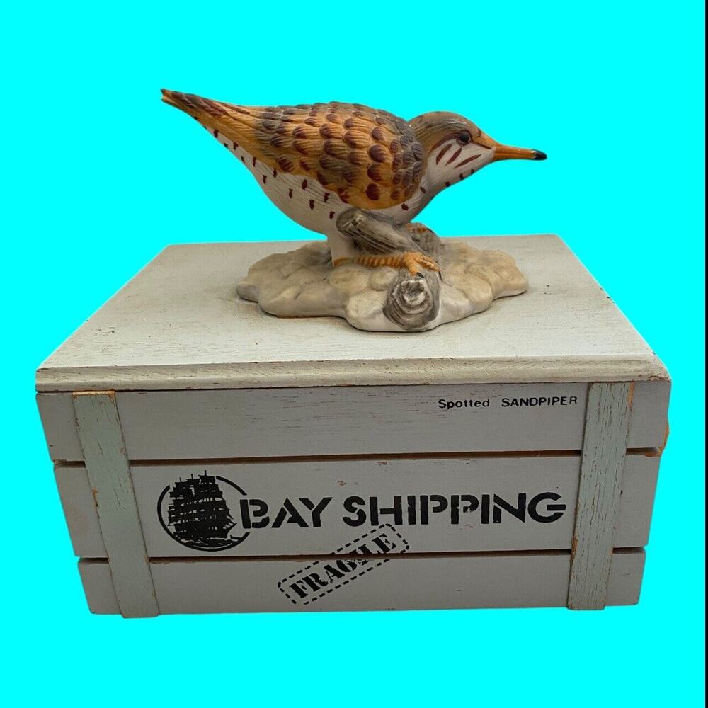 Wooden Trinket Box Marked Bay Shipping w/ Ceramic Spotted Sandpiper Bird on Top